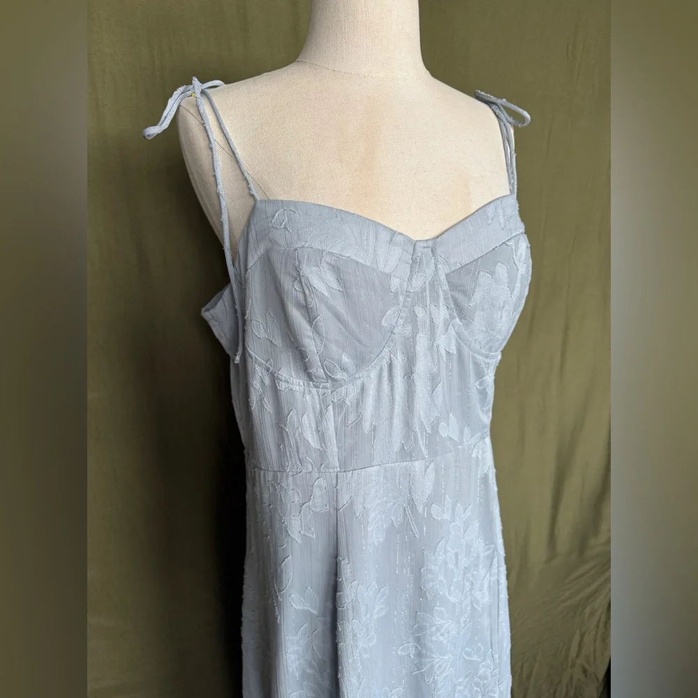 Lulu's Loveliest Looks Dusty Blue Floral Jacquard Tie-Strap Midi Dress - Picture 2 of 6